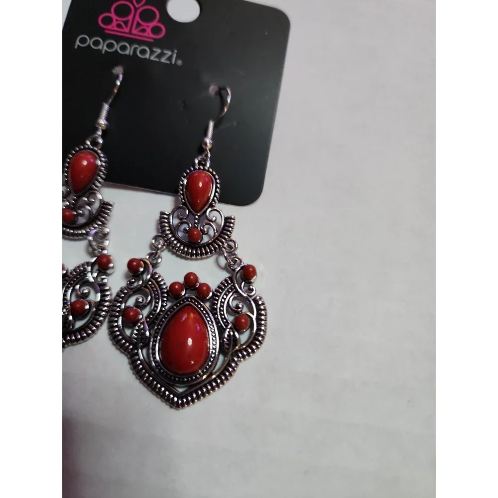 Paparazzi Palm Tree Tiaras Red Stone Chandelier Earrings - NWT Boho